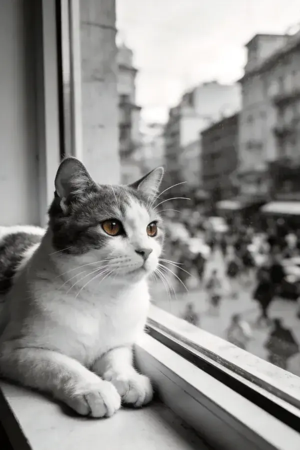 短毛家猫倚窗眺望街景