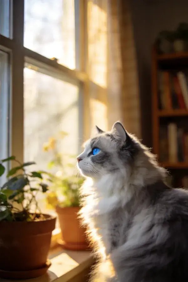 布偶猫凝视窗外阳光瞬间
