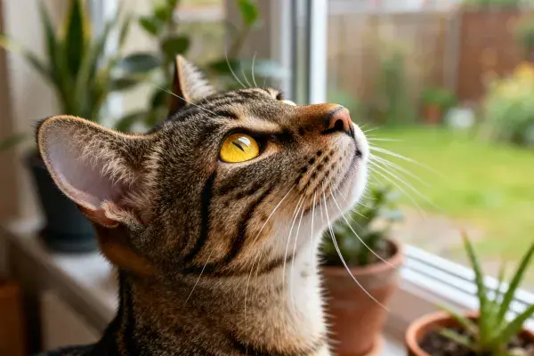 窗边短毛虎斑猫仰望特写