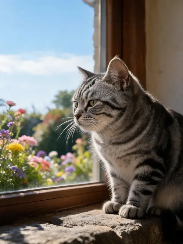 银色虎斑短毛猫于窗台眺望花卉
