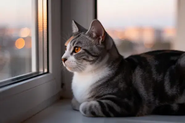 短毛虎斑猫于窗台眺望
