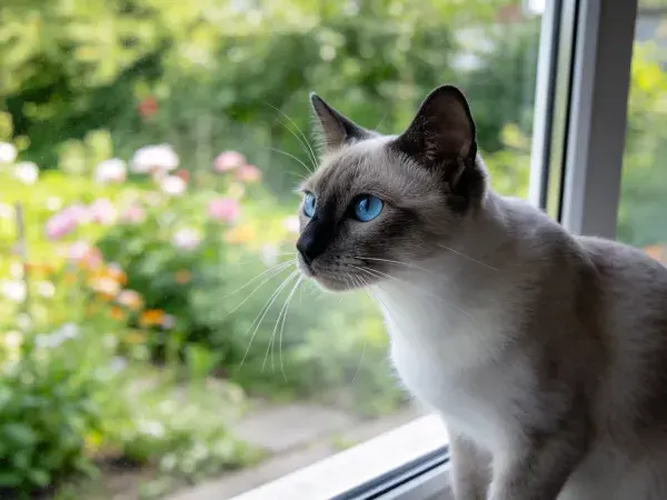 阳光下蓝眼睛暹罗猫窗边特写