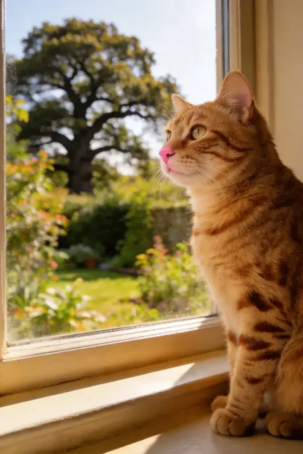 窗边橘色短毛猫眺望庭院