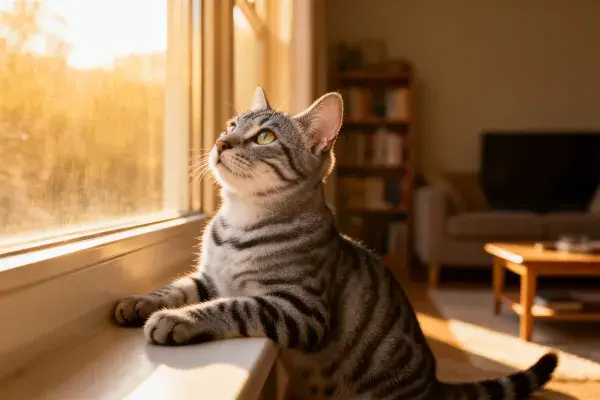 虎斑短毛猫窗边凝望场景