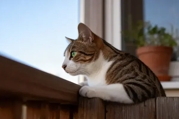 虎斑短毛猫凝视木栅栏