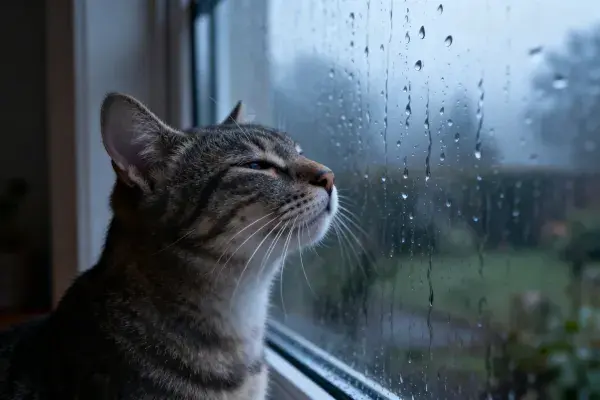 短毛虎斑猫凝望雨窗瞬间