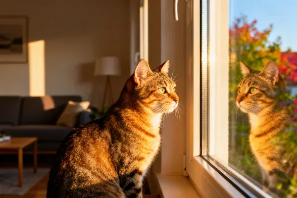 客厅暖光下短毛虎斑猫凝视窗外