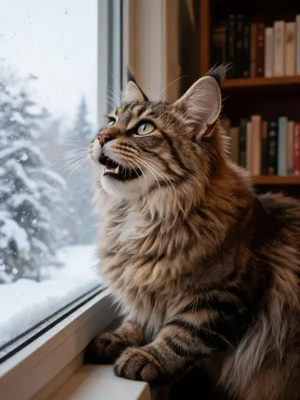 阳台窗边观察雪景的缅因猫