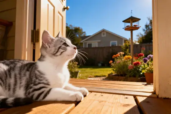 短毛虎斑猫与阳光露台花园场景