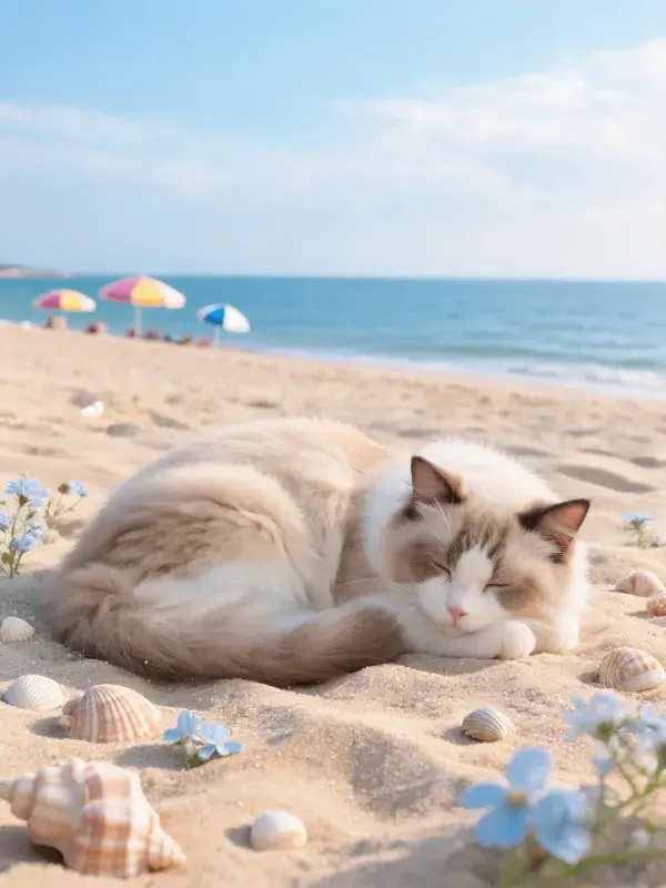 布偶猫在沙滩上的休息状态