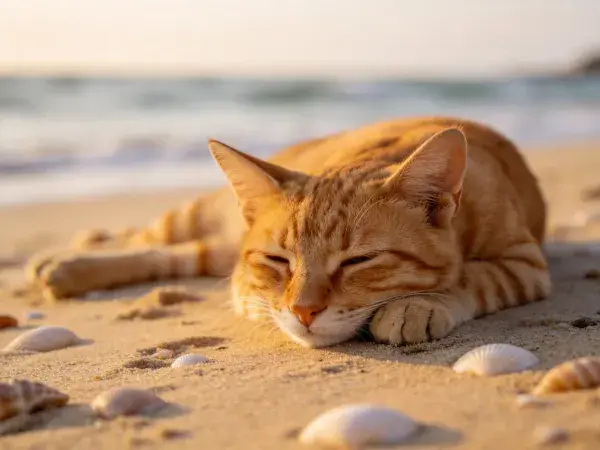 沙滩上暖光下的橙橘色短毛家猫