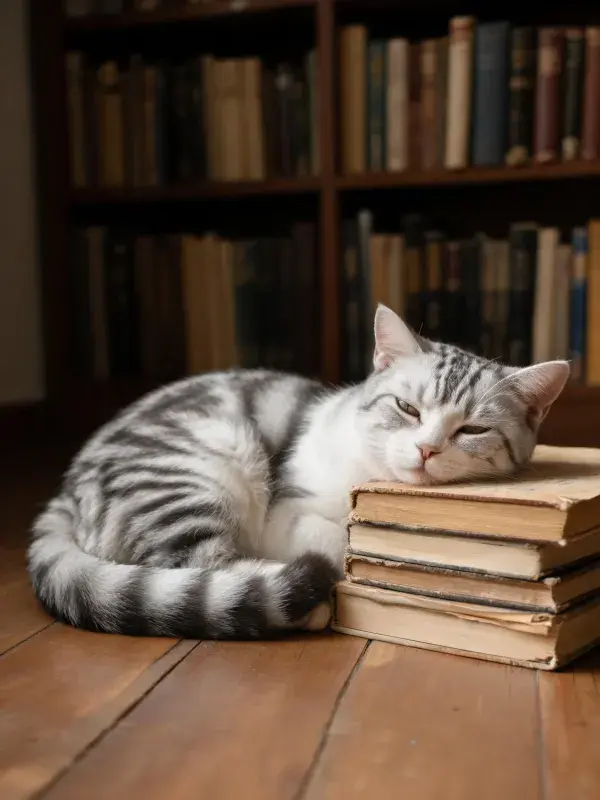 书架旁银虎斑猫的休憩景象
