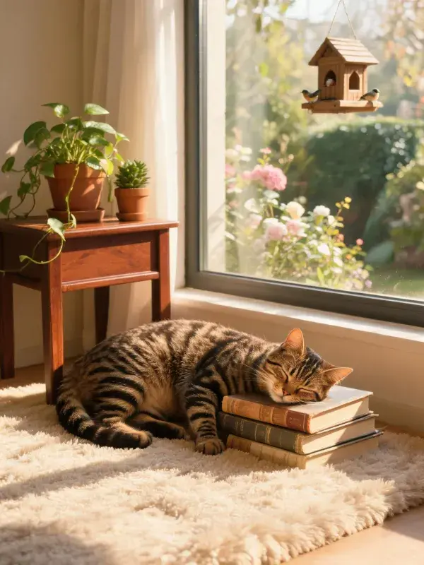 窗边暖光下的玳瑁斑纹短毛猫休憩图景