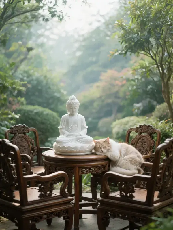 露天庭院中佛像旁的长毛猫休憩景象