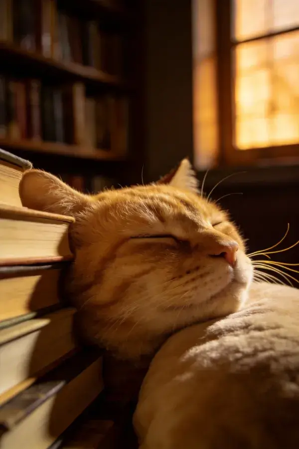 阳光下书堆旁的橘色短毛家猫