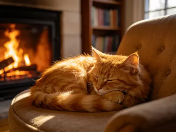 橘色长毛家猫在扶手椅上休息的场景