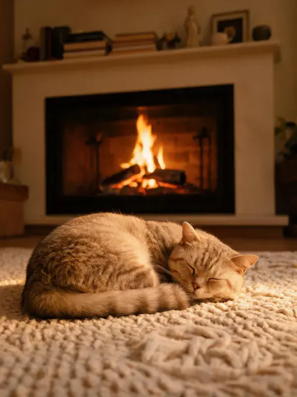 阶梯壁炉前金渐层短毛猫的休憩场景