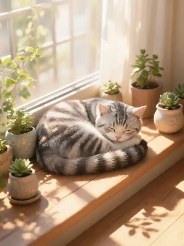 窗台上休憩的灰虎斑短毛猫图景
