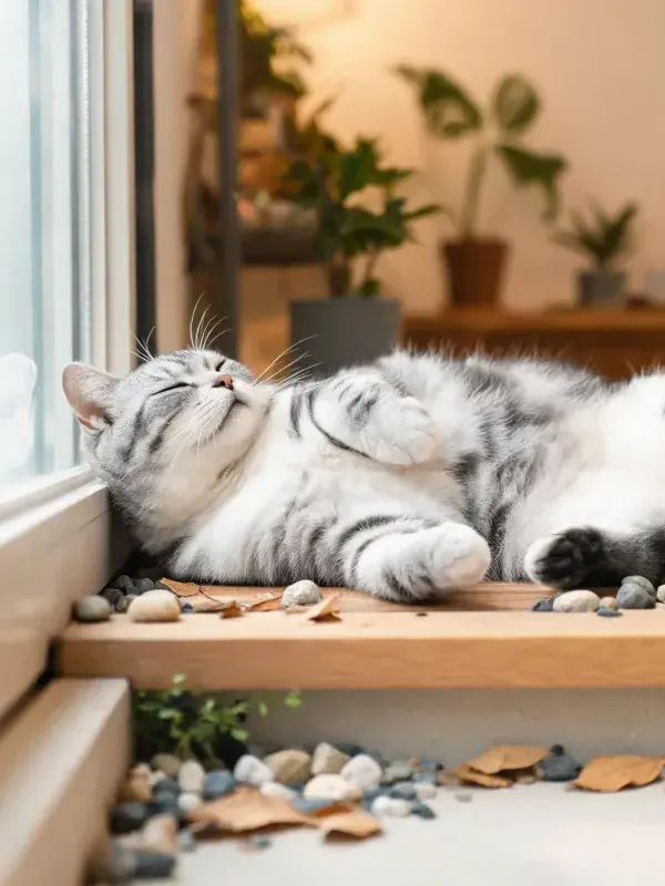 灰白条纹短毛猫在窗台的休息状态