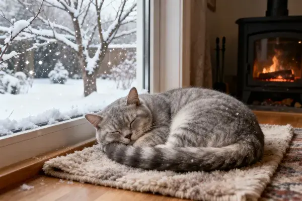 阳台雪景中的短毛虎斑猫休憩图