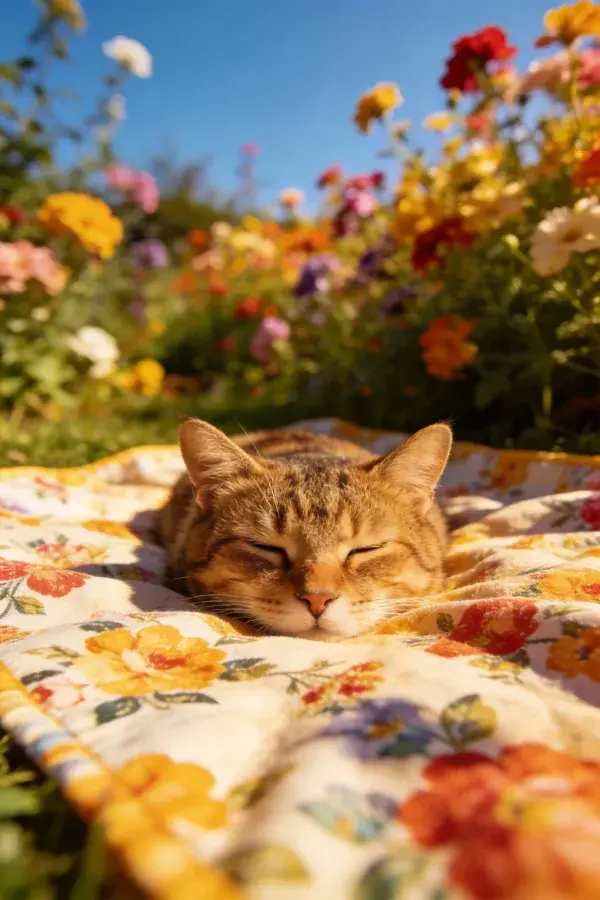 短毛虎斑猫躺卧花卉毯上的花园场景