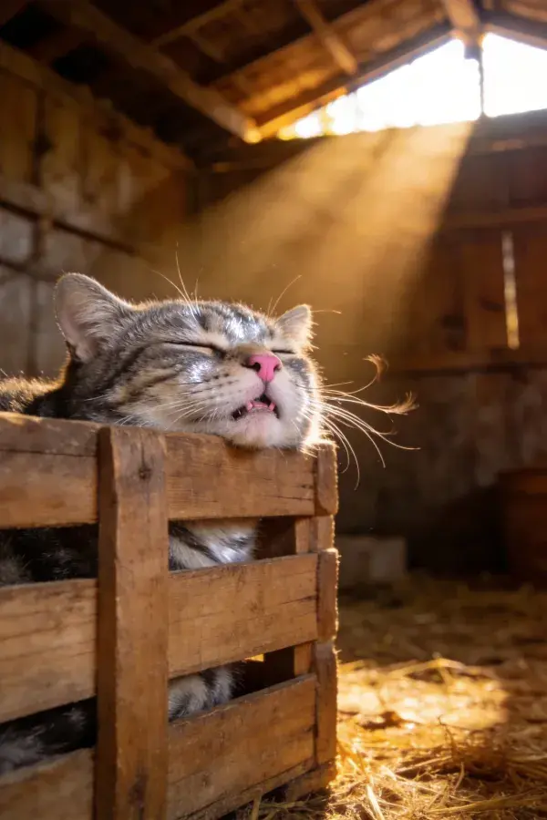 阳光木屋内的短毛虎斑家猫休息场景