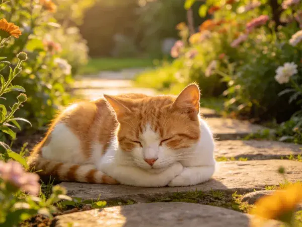 橘白短毛家猫在花园石板路上休憩
