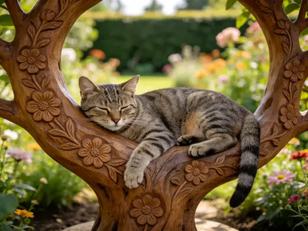 木制雕塑上短毛虎斑猫休憩的花园场景