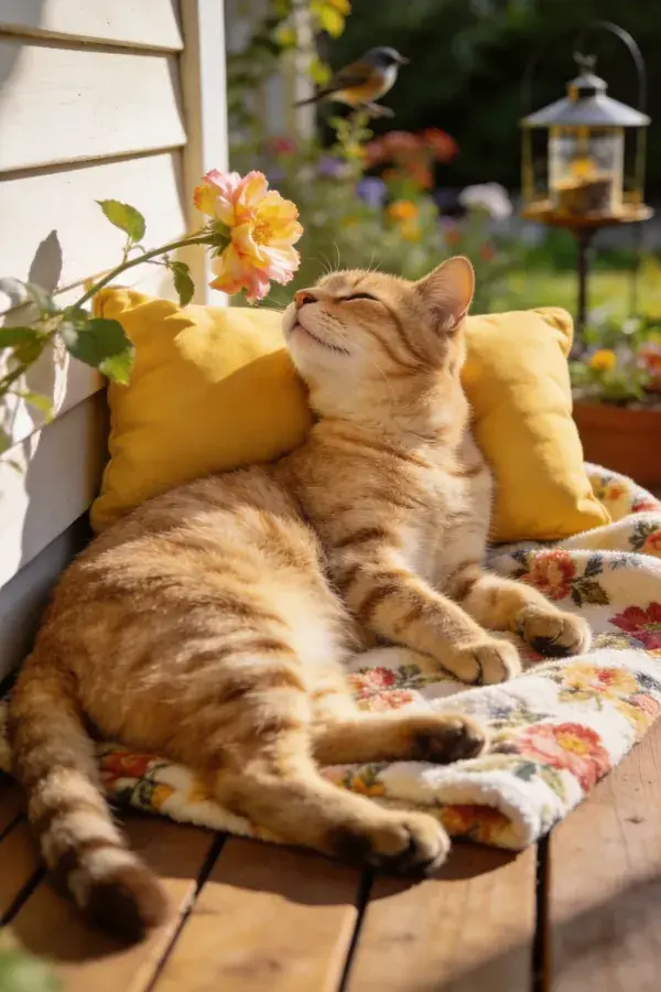 木质露台上的橘色短毛家猫