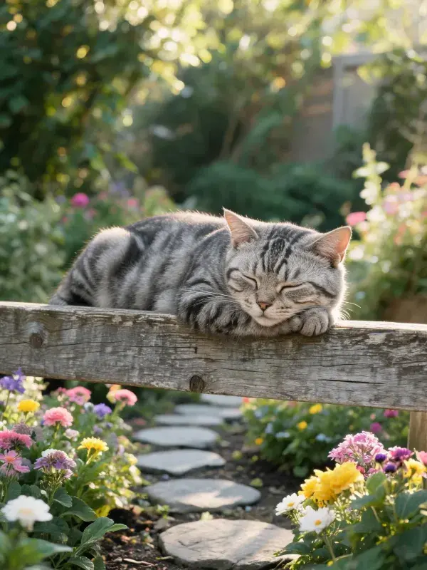 虎斑短毛猫卧于木栅栏上的休憩状态