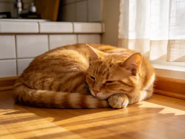 厨房角落木质地板上的橘色短毛家猫