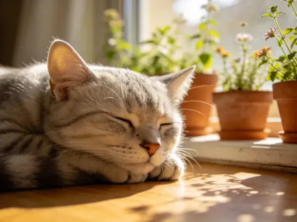 窗边阳光下的灰虎斑短毛猫特写