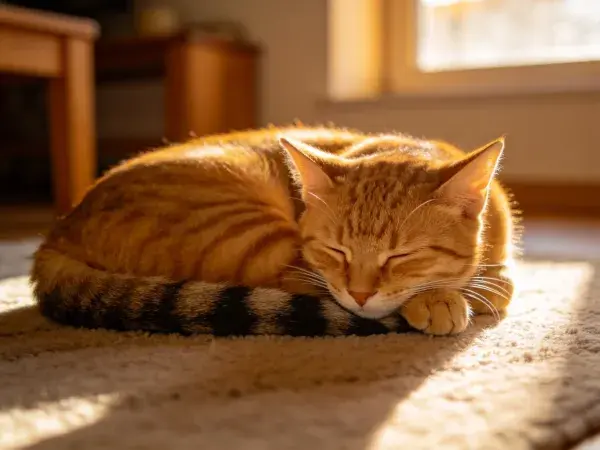 阳光下室内橘色虎斑短毛家猫休憩场景