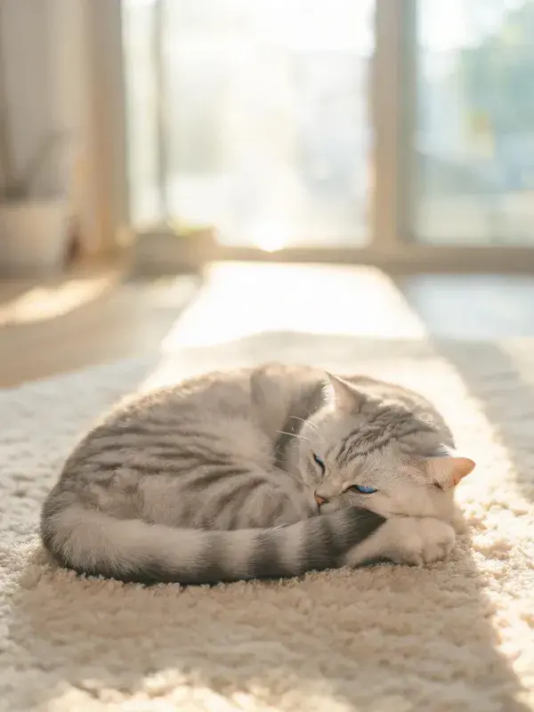 客厅暖光下的银色虎斑短毛猫休憩图景