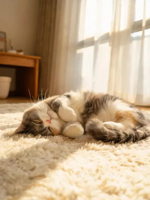 客厅地毯上三色短毛猫的休憩状态