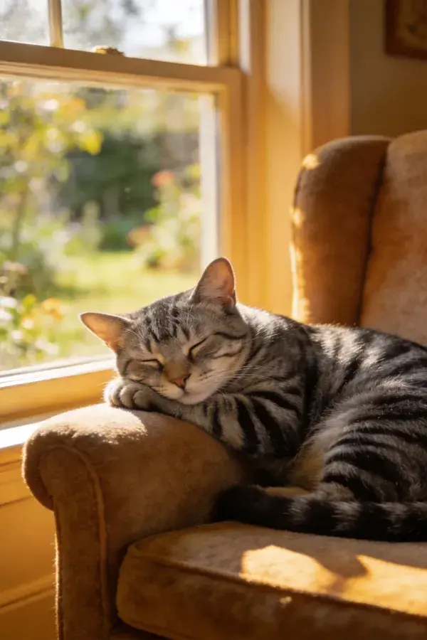 室内阳光下短毛虎斑猫休息场景