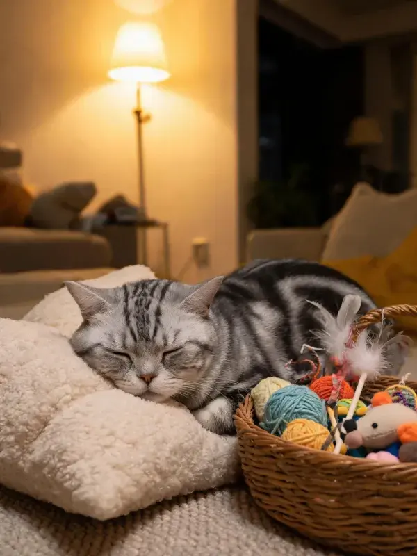 客厅暖光下的银虎斑短毛猫休憩场景
