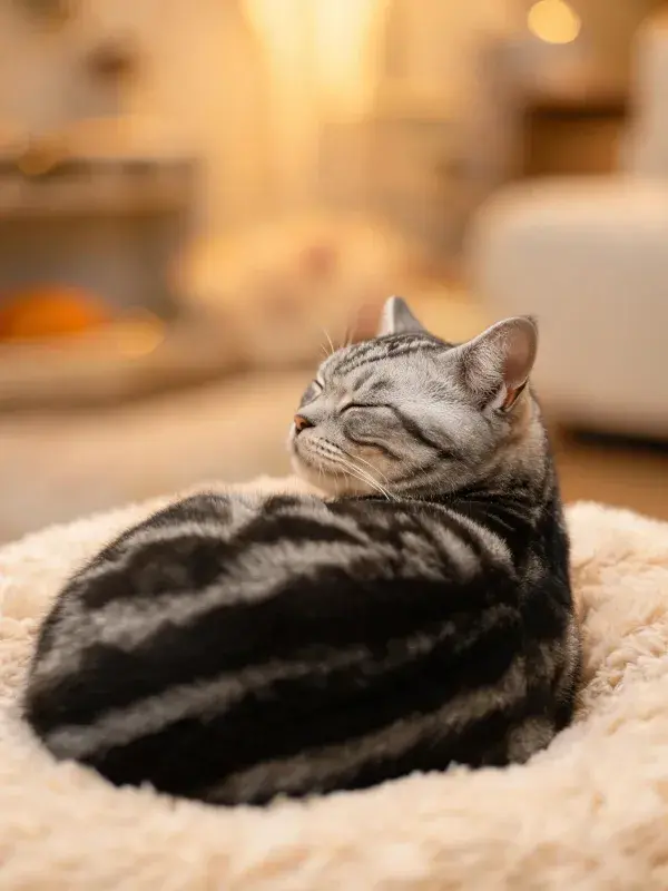 银色虎斑短毛猫在软垫上的休息状态