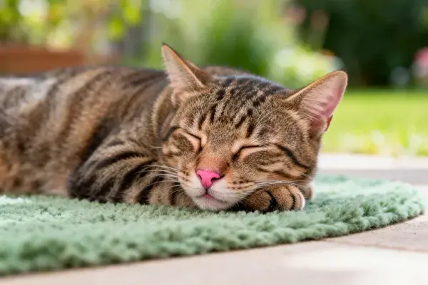 露天环境中短毛虎斑猫休息的画面