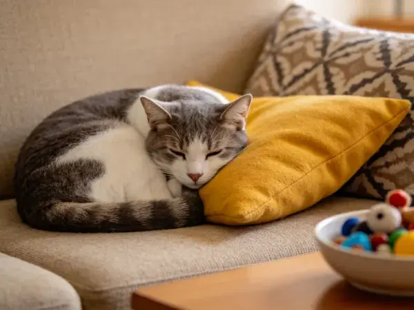 酒店客厅里灰白短毛家猫依枕而眠场景