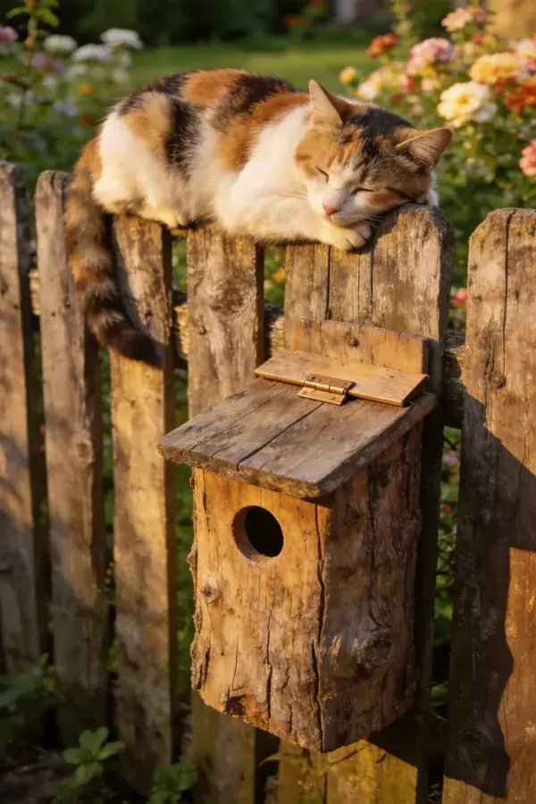 三色短毛家猫卧木栅栏