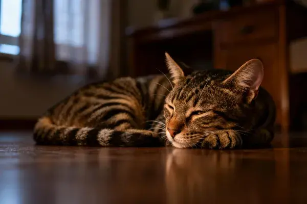 短毛虎斑猫在室内木地板休息