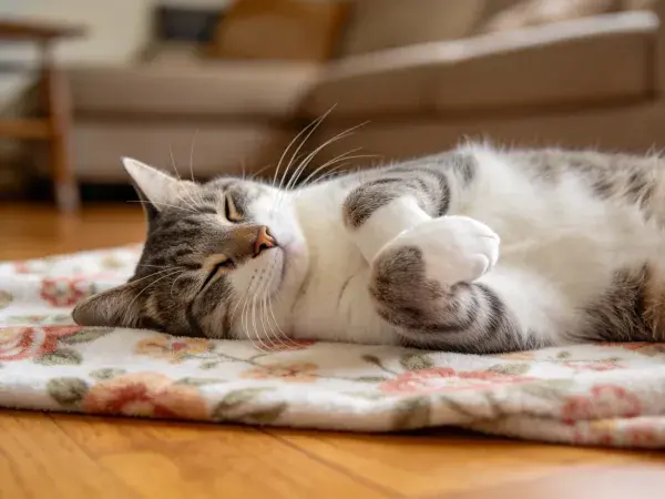 灰白相间短毛家猫躺卧地毯