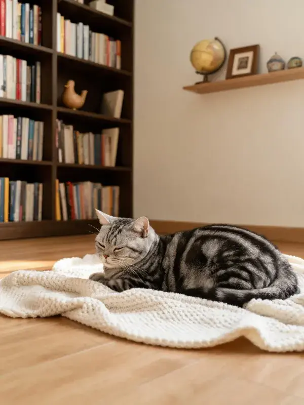 银虎斑短毛猫在针织毯上的休憩