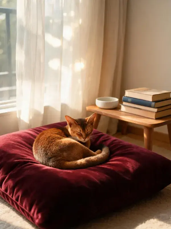 阿比西尼亚猫在红色绒面垫上的休憩场景