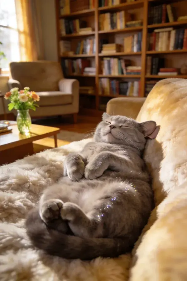 阳光书架旁的英国短毛猫放松姿态