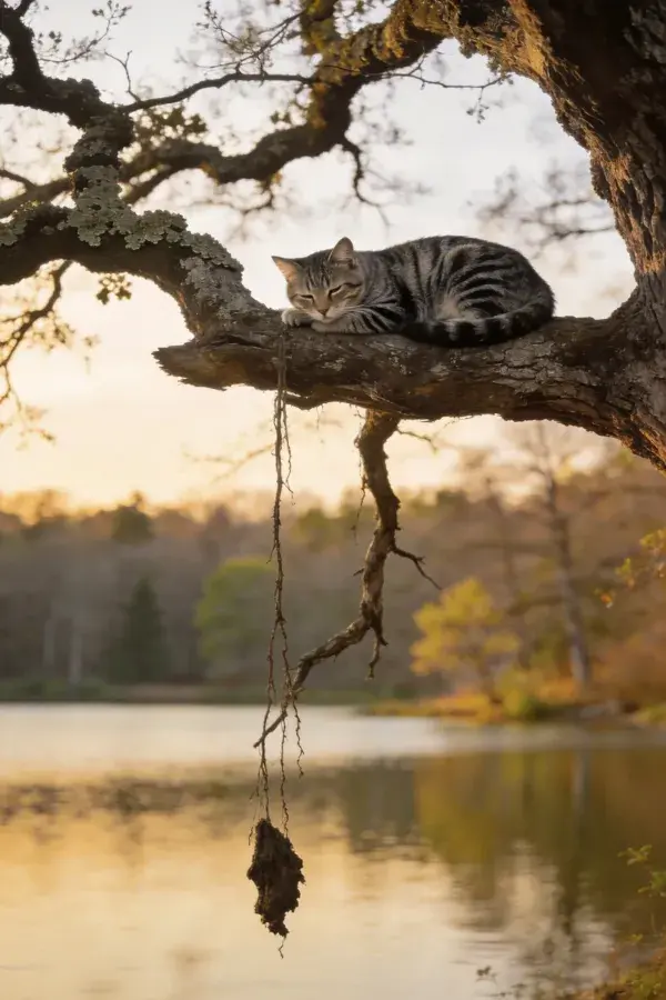 湖畔老树枝头的短毛虎斑猫