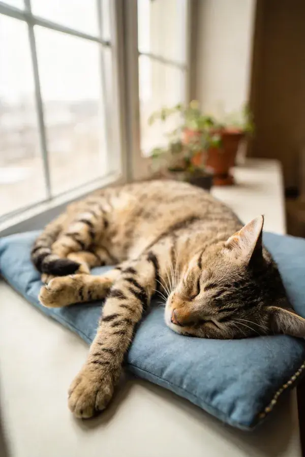 窗台蓝色抱枕上的短毛虎斑猫