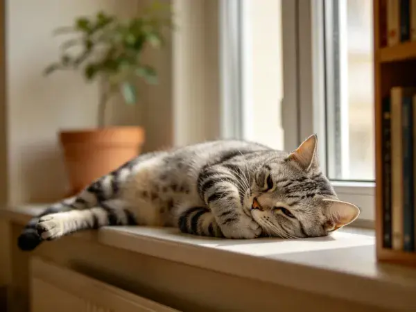 阳光下窗台上的银虎斑短毛猫