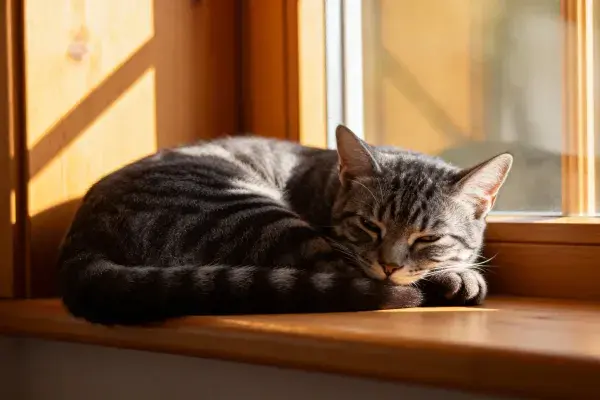 窗台暖光中的短毛虎斑猫